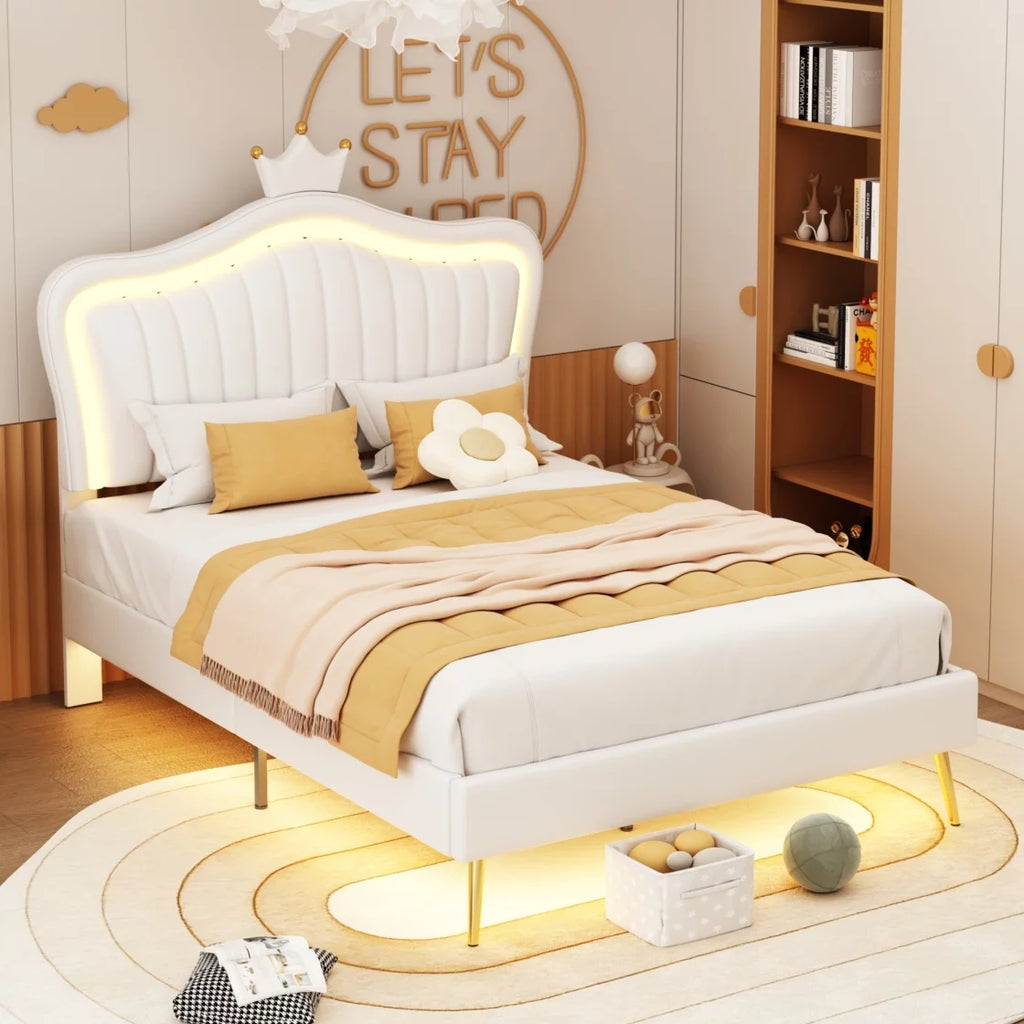 White Full Size Upholstered Platform Bed with LED Lights U292930