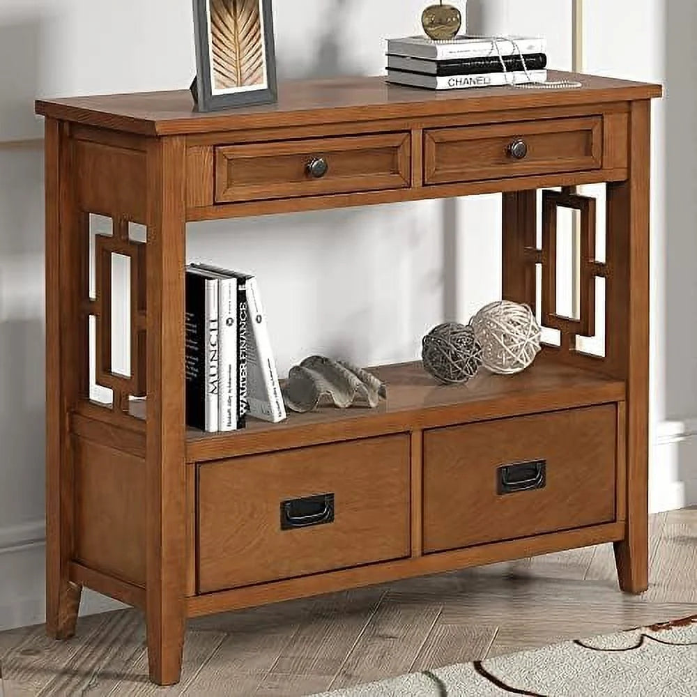 Antique White Narrow Wood Console Table with Drawers and Shelves H22915