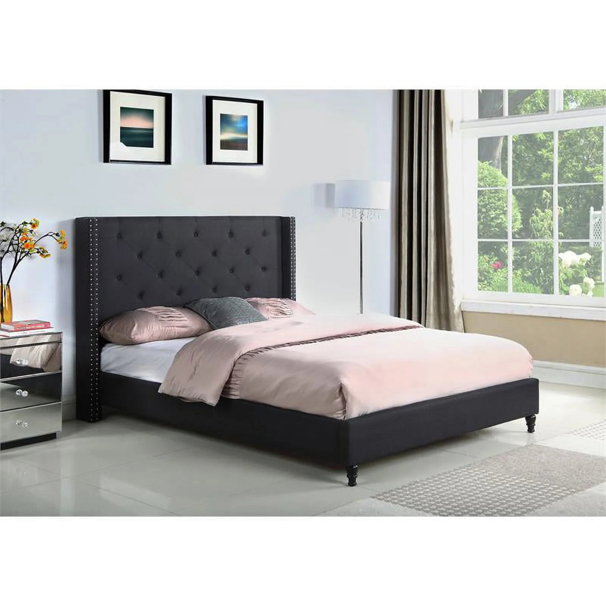 Black Fabric Upholstered Wingback King Platform Bed A49301