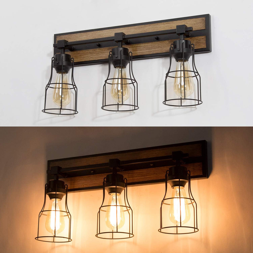 Bathroom Vanity Light Fixtures with Metal Cage, Faux Wood Finish T825