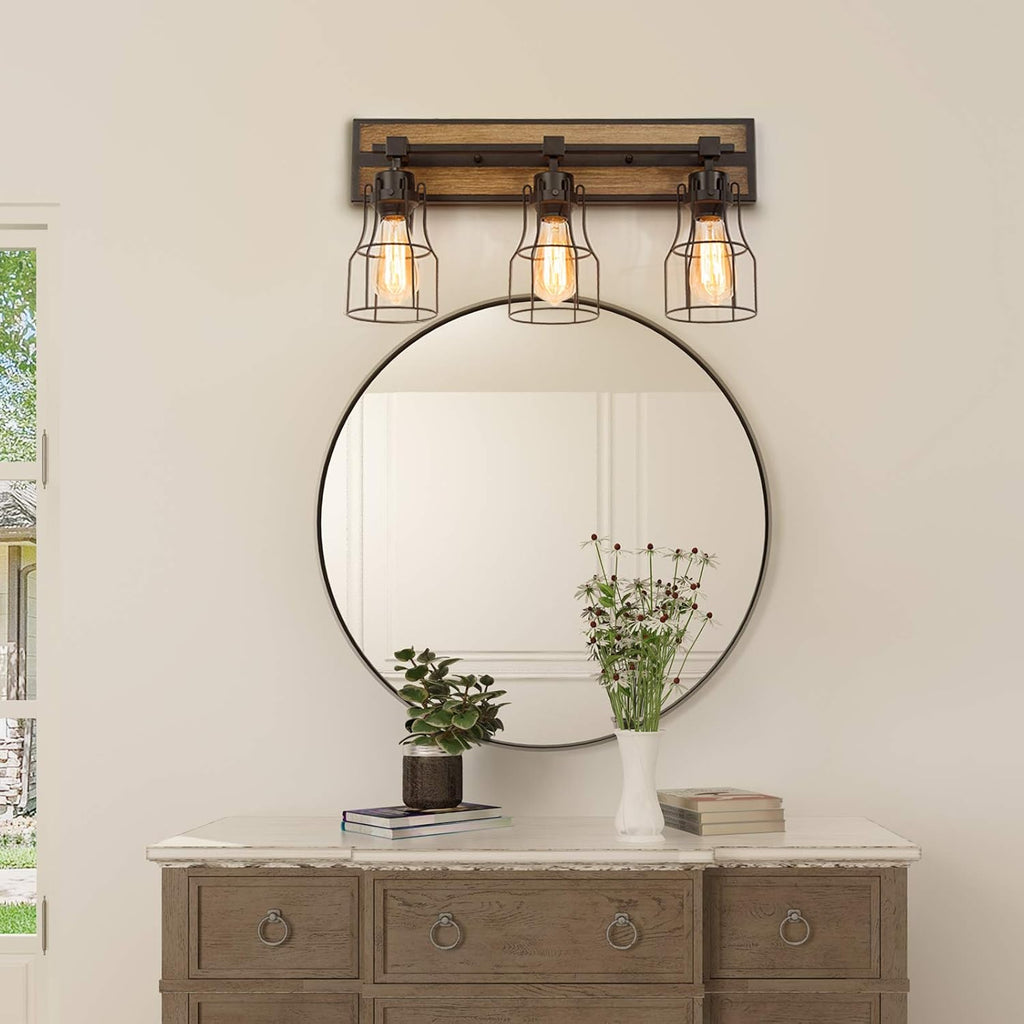Bathroom Vanity Light Fixtures with Metal Cage, Faux Wood Finish T825