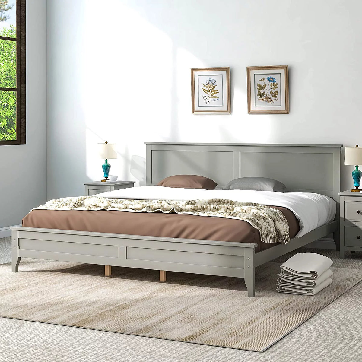 King Size Wood Platform Bed Frame with Headboard and Slat Support, Grey T4393