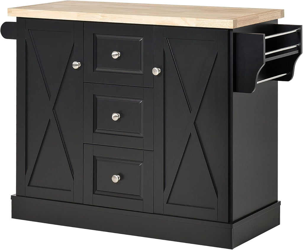 Black Mobile Kitchen Island Utility Cart with Barn Door Style Cabinets and Drawers O76218