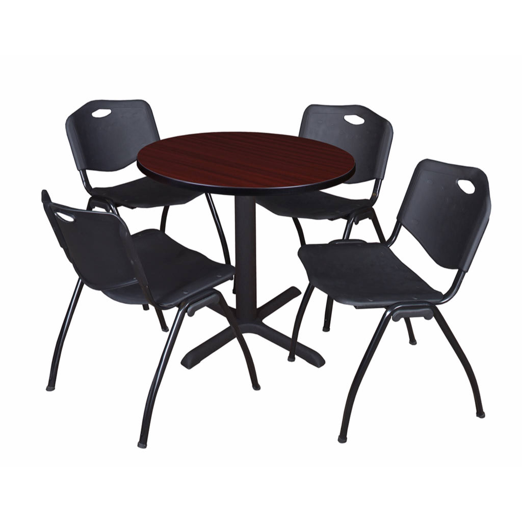 30x22 Round Breakroom Table Mahogany 4 Stack Chairs Blue B3856