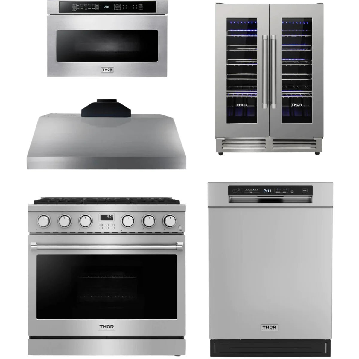 36 Gas Range, Range Hood, Dishwasher, Microwave and Wine Cooler J792