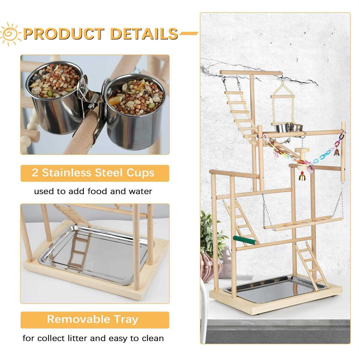Wood Bird Playstand with Feeder Cups and Bells K498