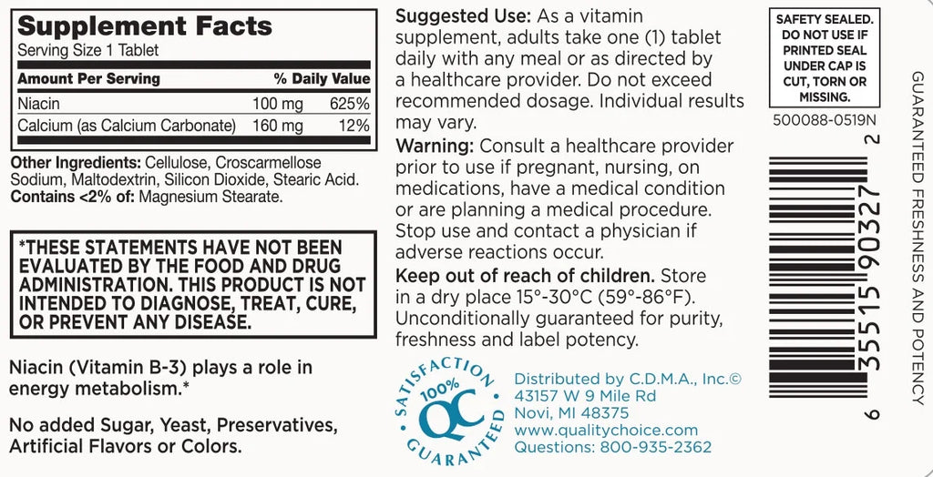 Niacin 100mg Vitamin B-3 Tablets, 60 Count B8071