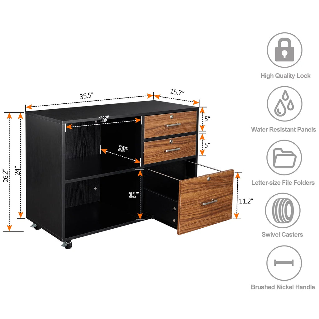Rolling 3 Drawer Wood File Cabinet with Lock Z3628