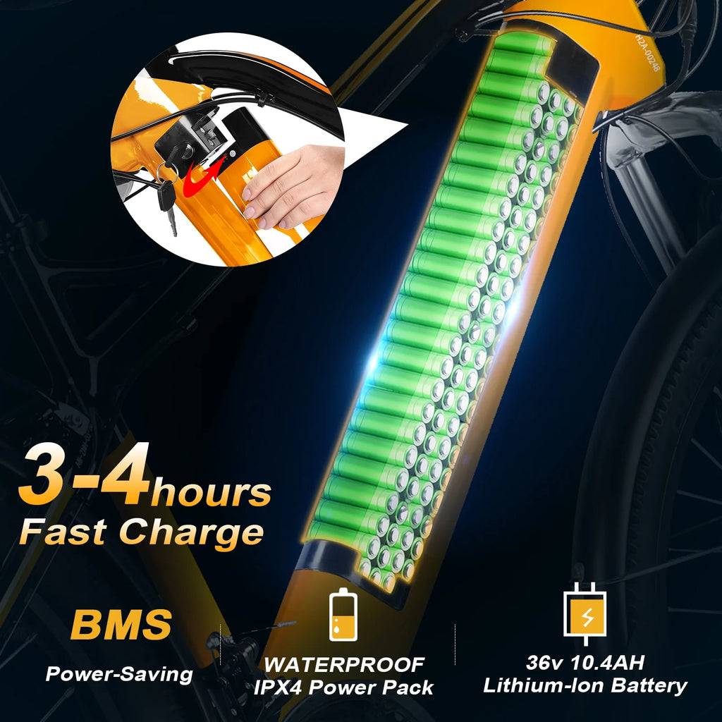26'' Electric Mountain Bike 350W Removable Battery 7 Speeds Orange J3841