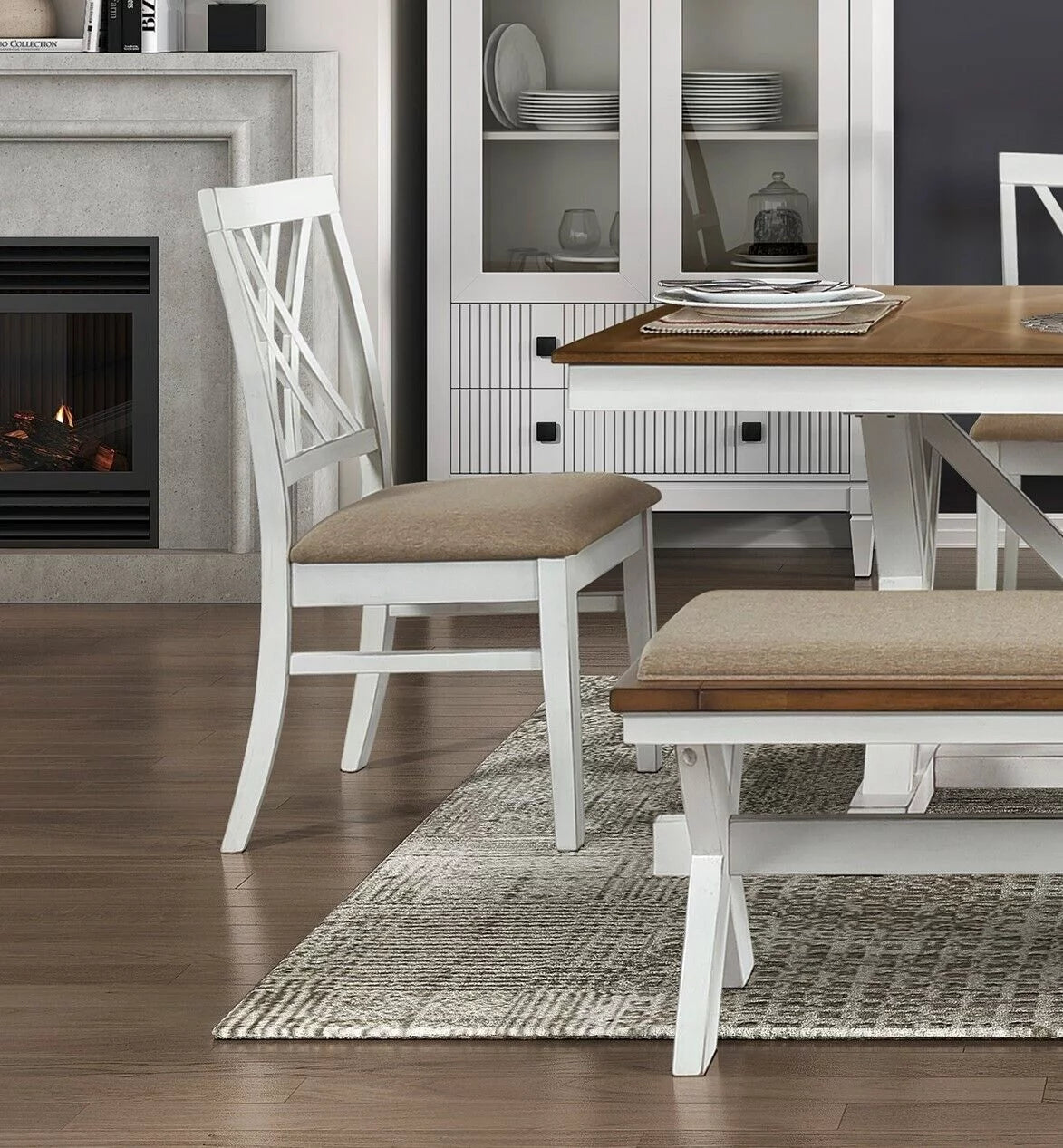 White and Oak 6pc Dining Set with Extension Leaf Bench and 4 Side Chairs C55979