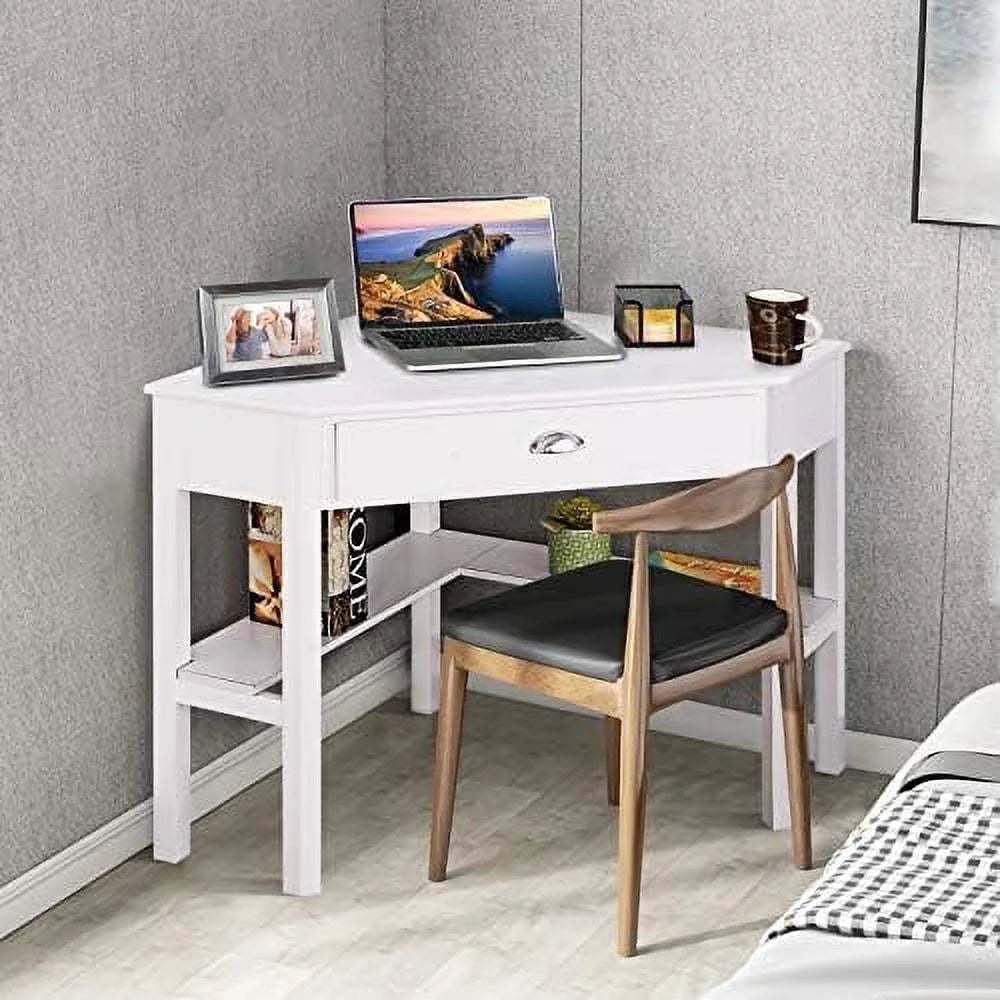 White Corner Desk with Drawer Shelves X420919