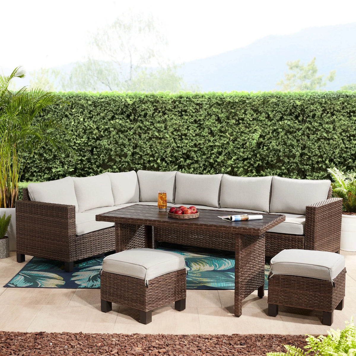 5-Piece Beige Wicker Sectional Dining Set S671