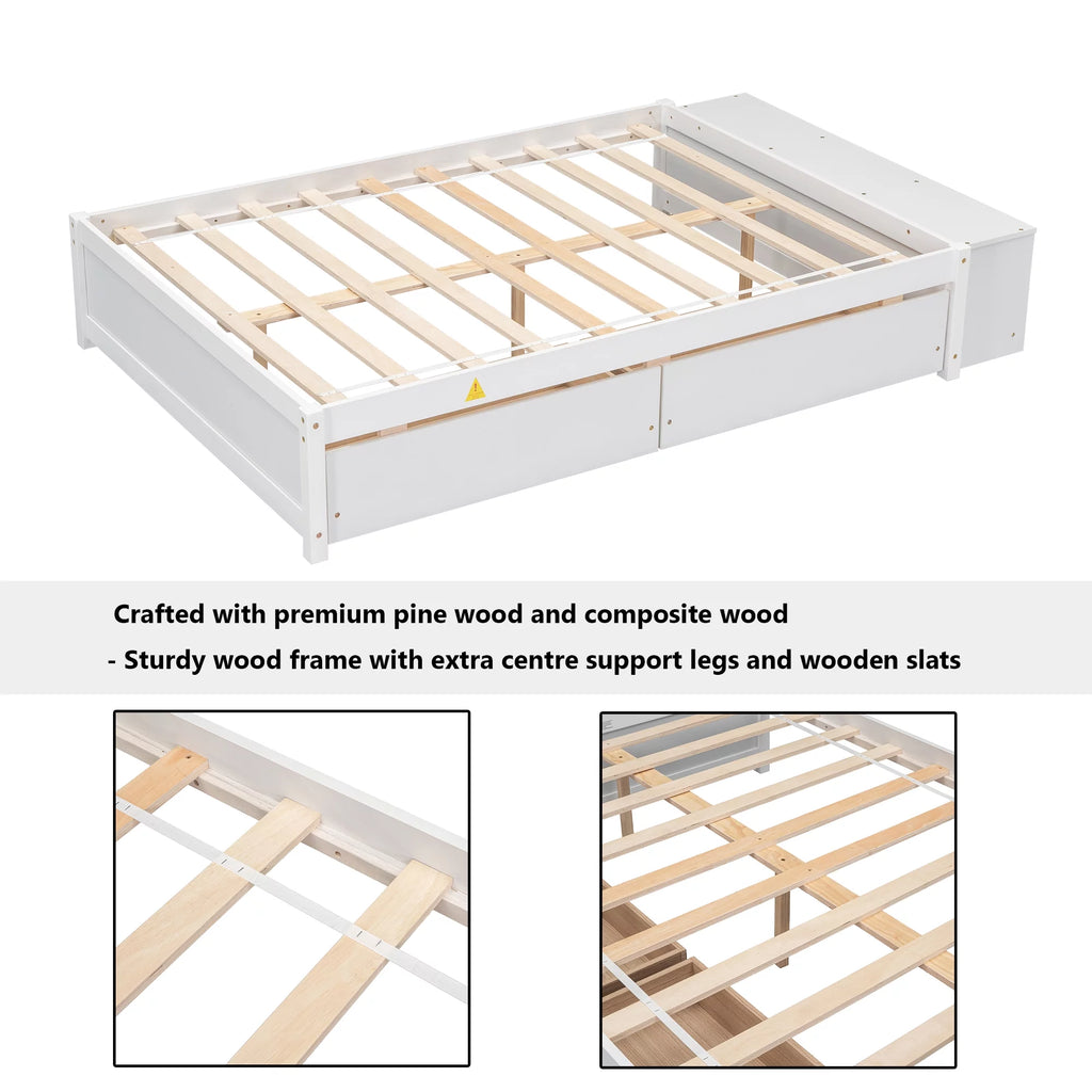 White Full Size Platform Bed with Storage Shelves and Drawer Z247