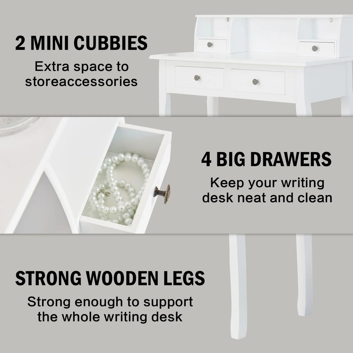 White 32 Inch Writing Desk with Storage Drawers E9557