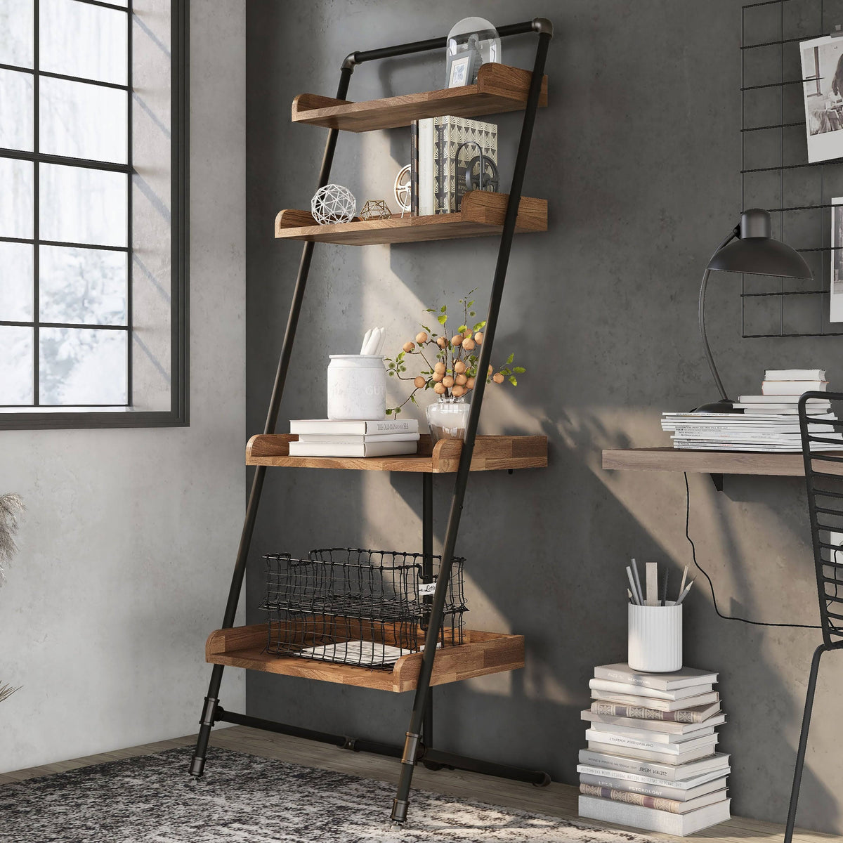 Vintage Grey Oak 3-Piece Desk and Display Shelf Set B9675