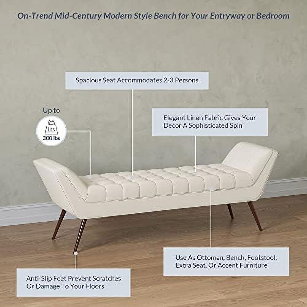 Grey Linen Fabric Ottoman Bench with Wood Legs V6571