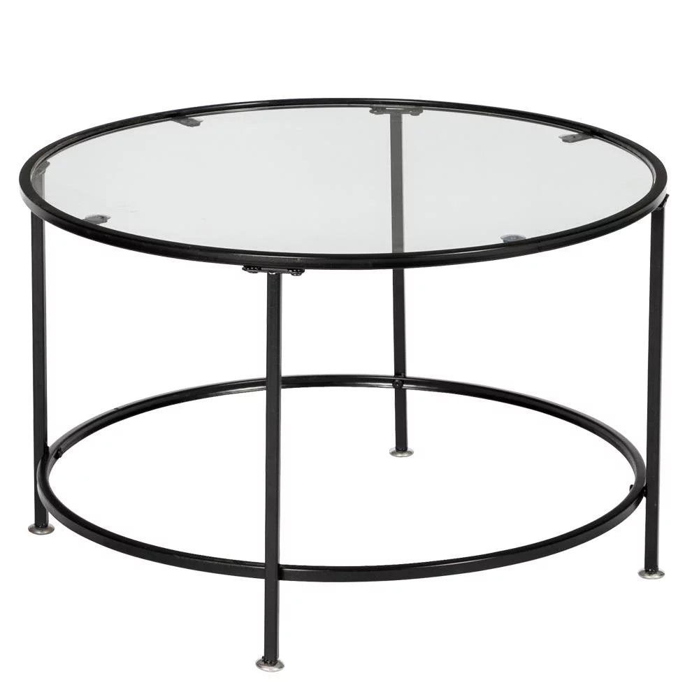 26" Round Glass Coffee Table with Black Iron Frame S4440