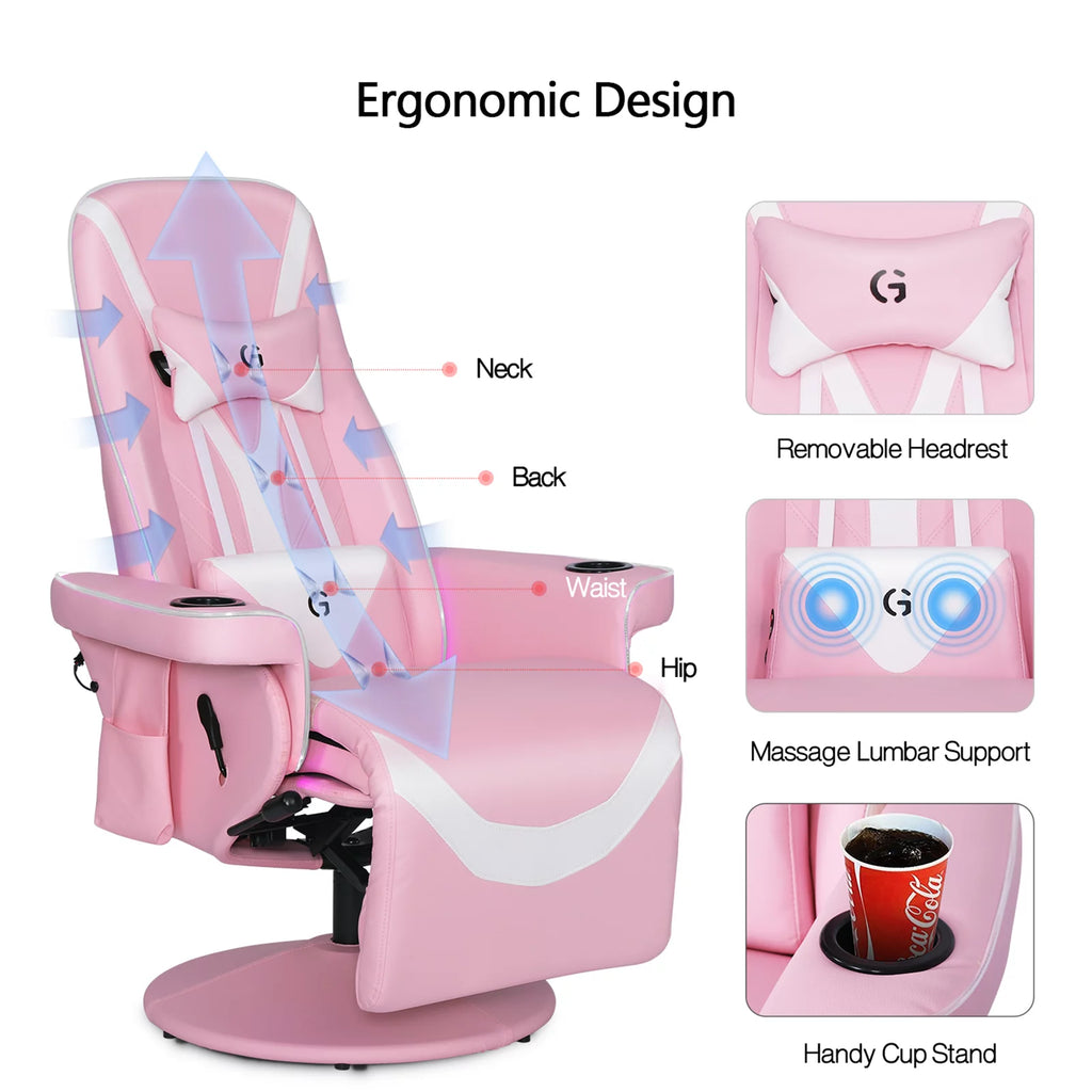 Pink White Ergonomic Recliner Gaming Chair with Footrest and Massage Lumbar Support T4354